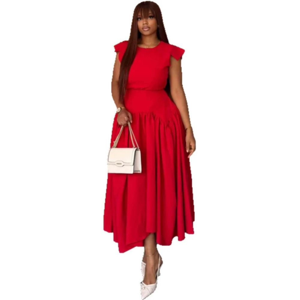 Elegant African Solid Flared Sleeveless Tank Maxi Dress Waist Slimming